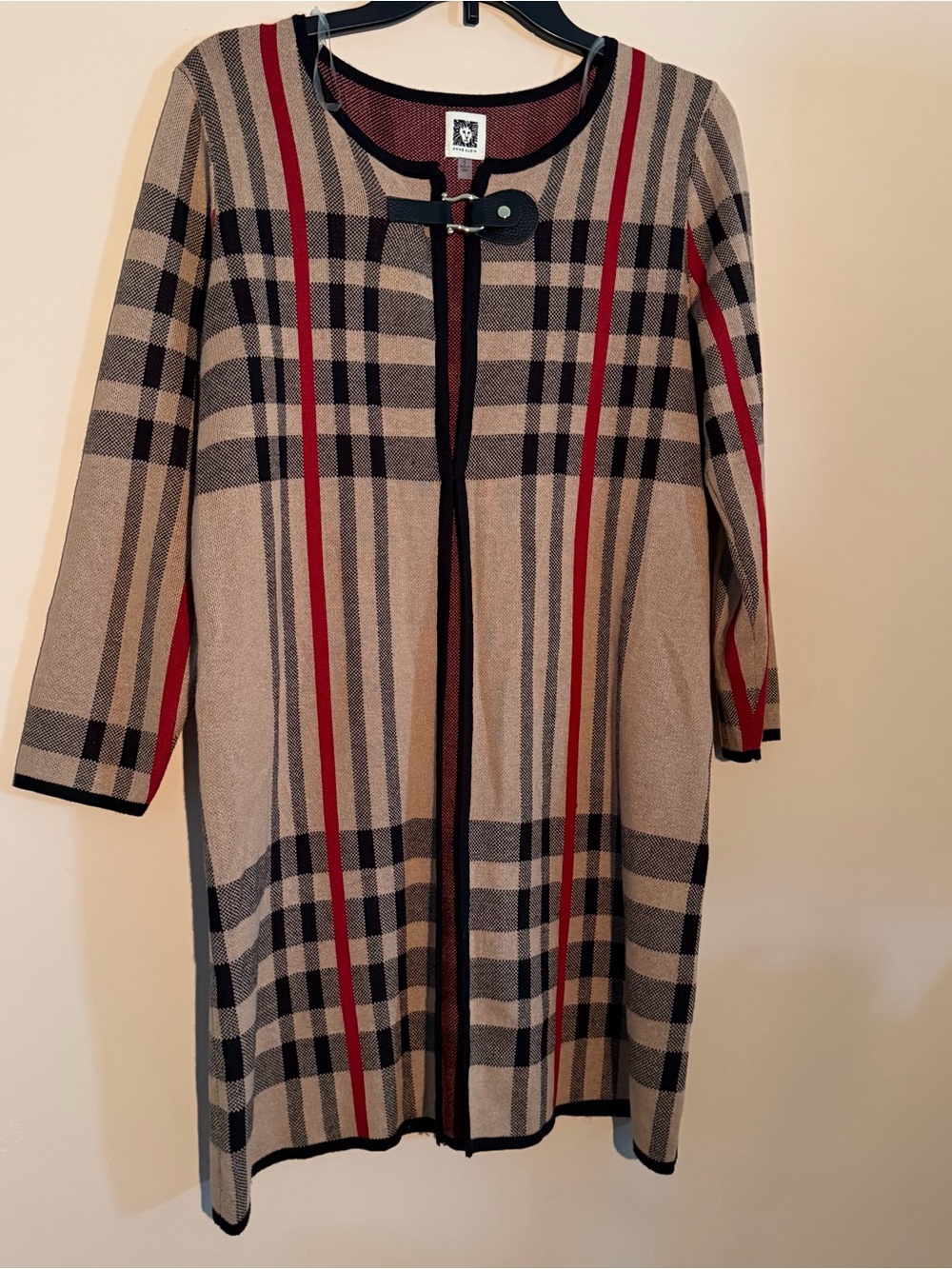 Anne Klein Beige Plaid Open Front Long Sleeve Cardigan sweater Jacket